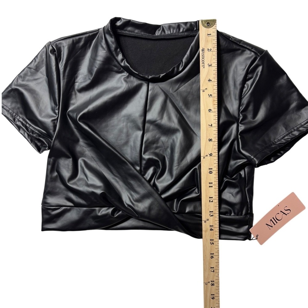 MICAS Womens Black Faux Leather Twist Front Mock Neck Short Sleeve Crop Top M